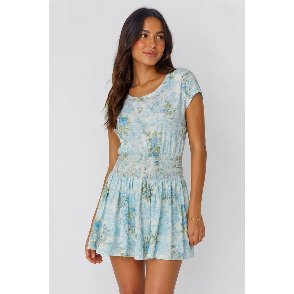 LoveShackFancy Amore Mini‎ Dress Small light blue floral smocked Cottage Fairy